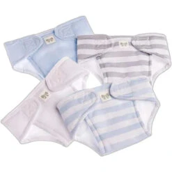 JC Toys - Baby Doll Washable And Reusable Eco Diapers, 4 Pack Fits Dolls 14 To 18, Blue, White And Grey