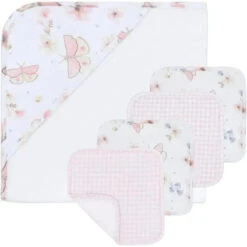 Living Textiles - Baby Hooded Towel 5pc Bath Gift Set, Fly Away, Pink