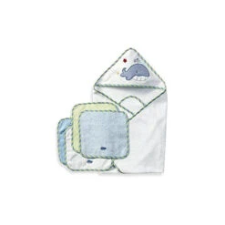 Spasilk - 4Pk Hooded Towel & 4Pk Washcloths, Blue Whale