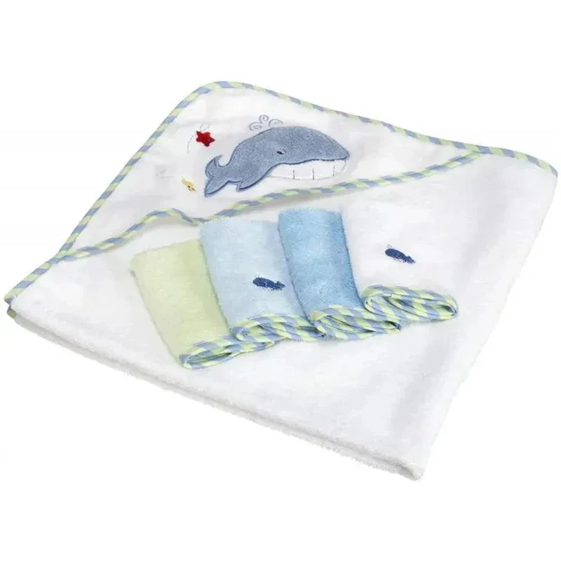 Spasilk - 4Pk Hooded Towel & 4Pk Washcloths, Blue Whale 3 Spasilk - 4Pk Hooded Towel & 4Pk Washcloths, Blue Whale - Image 3